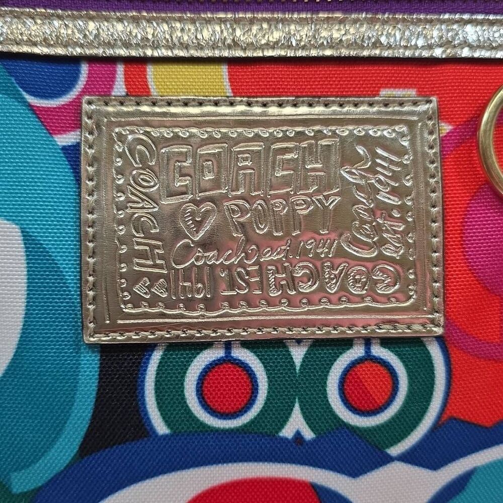 Coach Poppy Glam Tote Op Art Signature Multi-Color Jacquard Shoulder Bag Gold Le - Picture 4 of 14